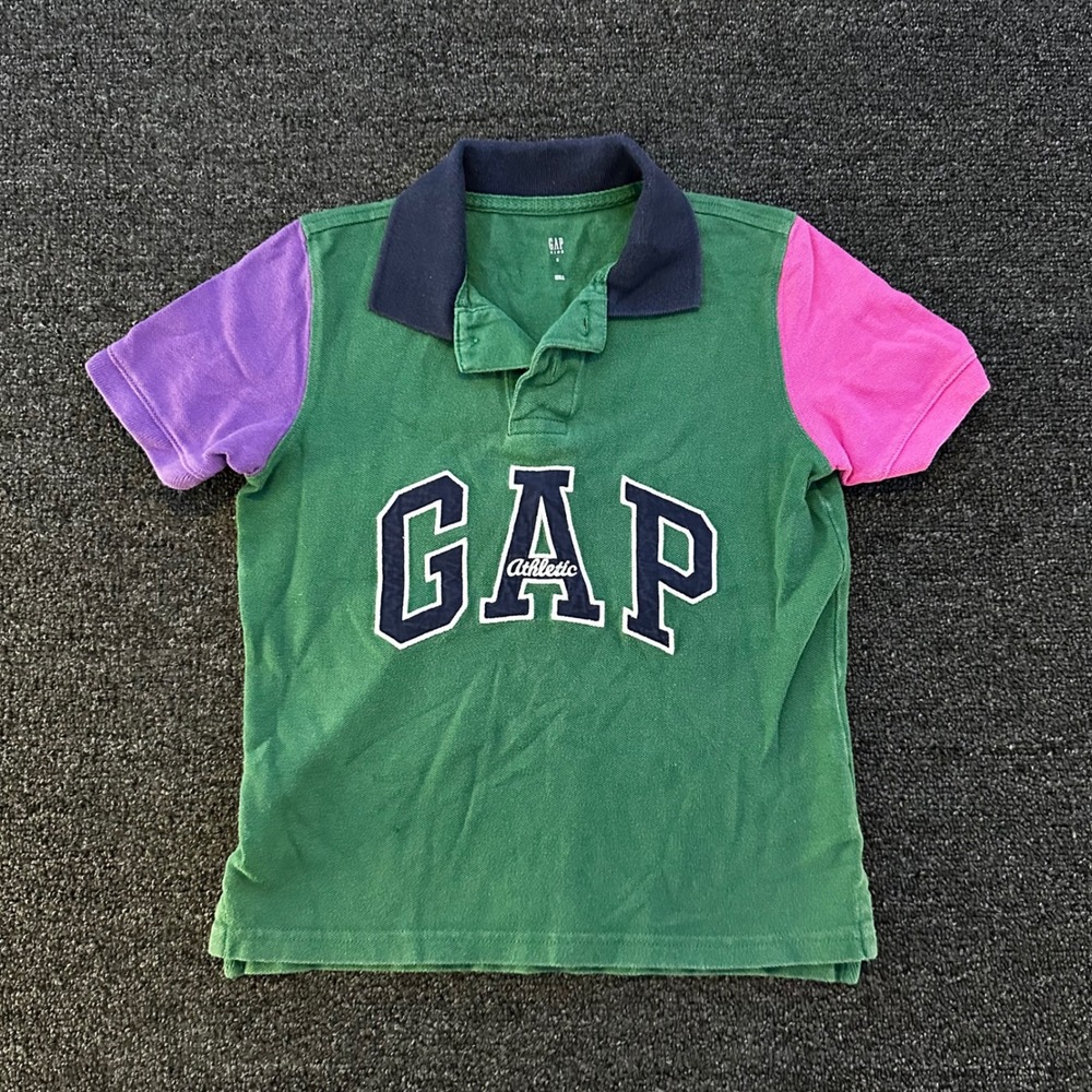 Gap Polo Shirt Boys Small 6-7 Green Colorblock Good Athletic Logo Short Sleeve